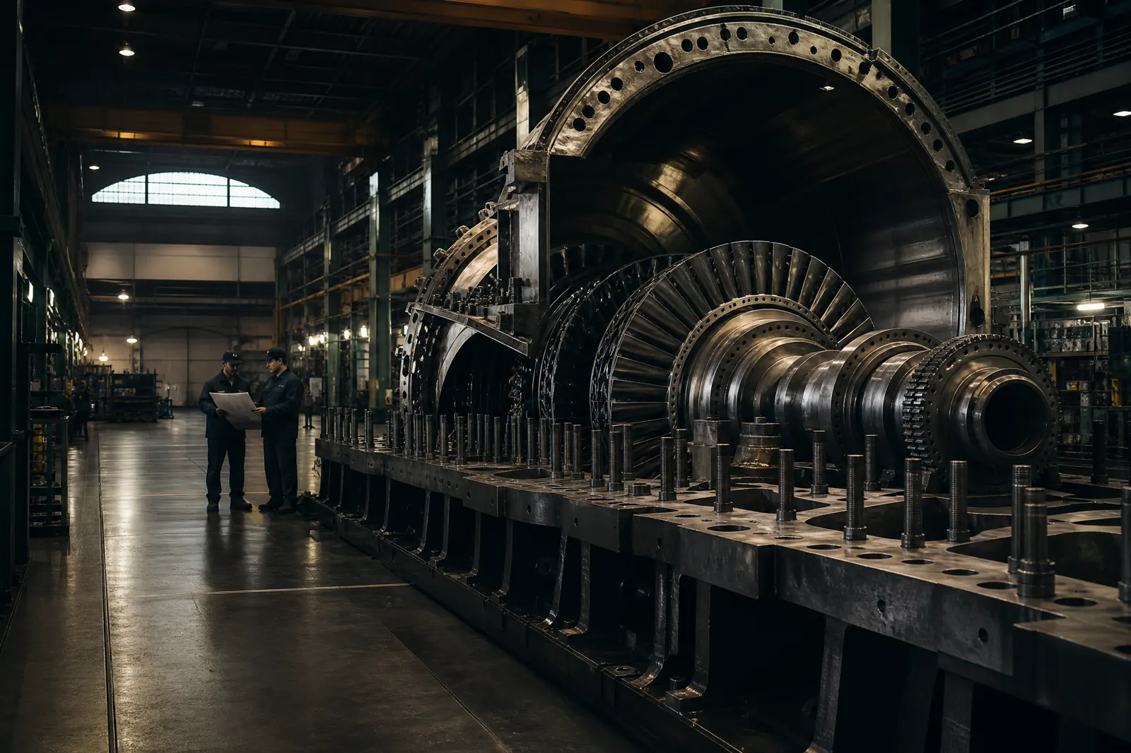 Large industrial gas turbine opened for technical inspection in a precision engineering hall